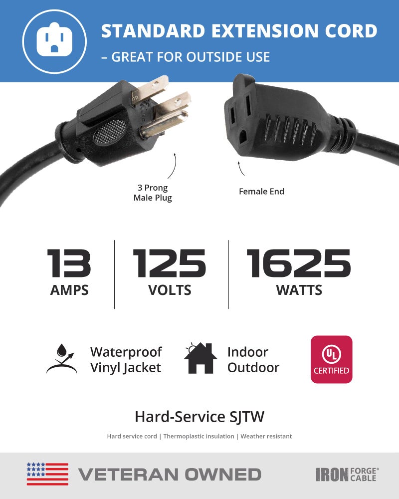 Iron Forge Cable 10 Ft Black Extension Cord, 16/3, 10 Foot Extension Cord, 3 Prong, Weatherproof - Great for Outside Use - Image 3
